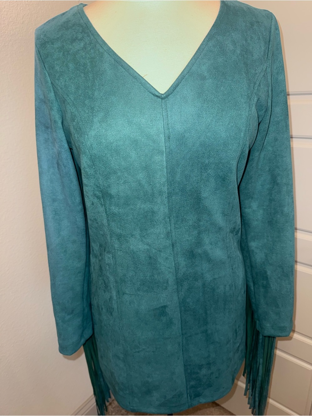 Boho Cowgirl Teal V-Neck Vegan Suede Fringe Mini Dress - Picture 2 of 15